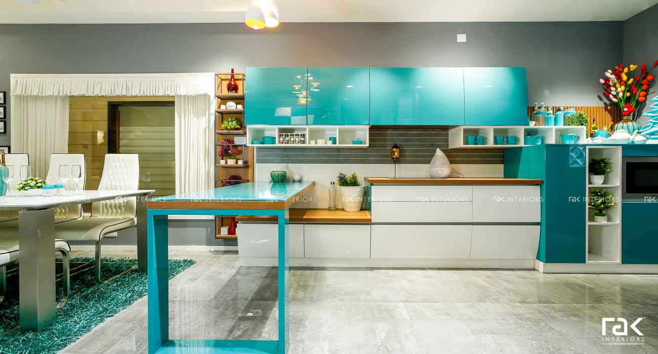 Classy ocean blue kitchen done in glossy finish
